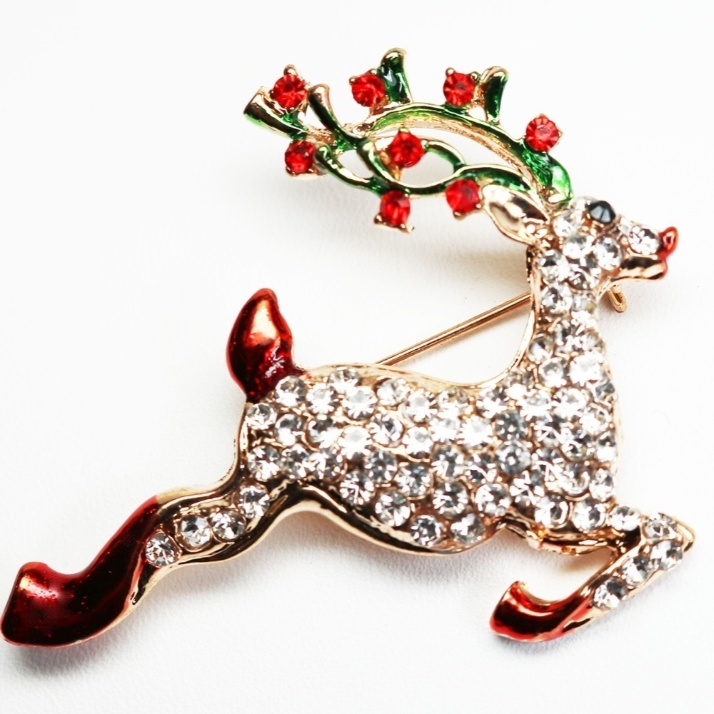 Rudolph the Red-Nosed Reindeer Brooch Cubic Zirconia Encrusted Holiday Pin 🦌 - Picture 9 of 12